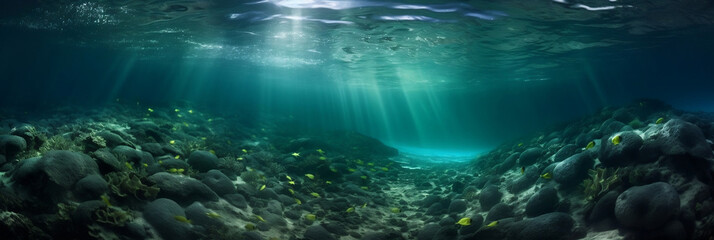 Fototapeta na wymiar under water with dramatic lighting in the ocean (generative AI)
