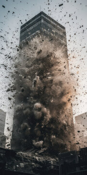Generative AI image of drone view of skyscraper of urban city exploding into pieces with massive dust and rubble spraying around high rising buildings