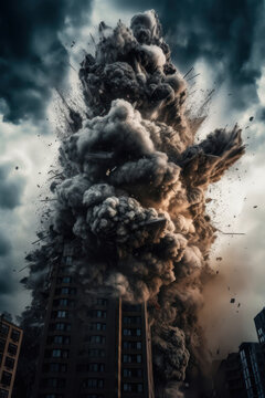 Generative AI image of drone view of skyscraper of urban city exploding into pieces with massive dust and rubble spraying around high rising buildings