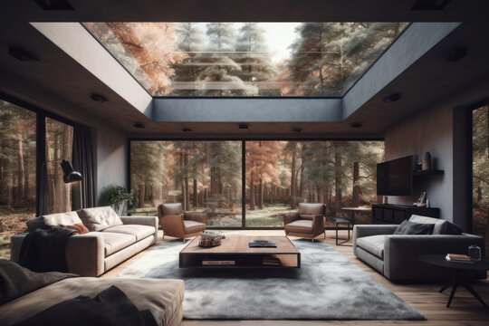 Generative AI image of interior design of spacious living room with massive skylight from ceiling while decorated with modern furniture and glass walls displaying forest scenes