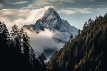 A majestic snow capped mountain peak rises towards the sky in the distance background, Bright & misty mountain beautiful nature background, majestic and tranquil, Generative AI