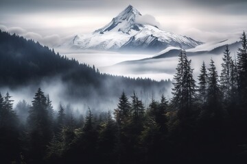 A majestic snow capped mountain peak rises towards the sky in the distance background, Bright & misty mountain beautiful nature background, majestic and tranquil, Generative AI