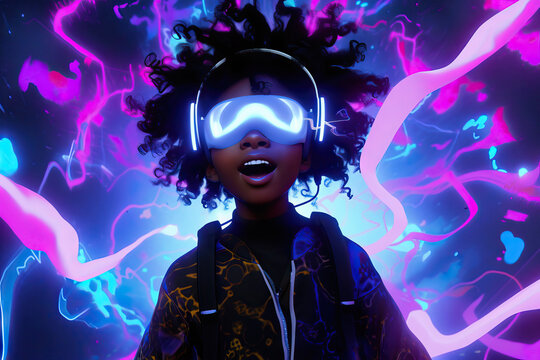 Generative AI illustration of cartoon African American character in neon goggles and headphones opening mouth in admiration against abstract multicolored background