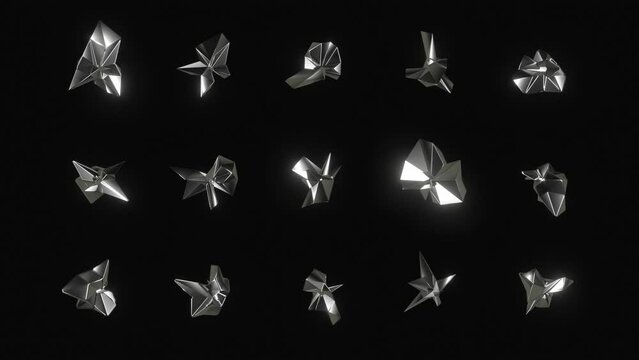 Organic chrome elements set, shiny abstract shapes animated on black background, 3d render