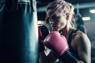 Generative AI illustration of serious young female boxer in sports bra and boxing gloves practicing punches on heavy bag during functional training in gym