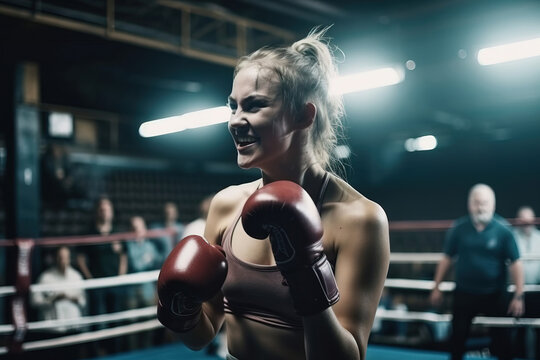 Generative AI illustration of confident young female boxer in sports bra and boxing gloves looking away while standing on ring during competition against blurred coach