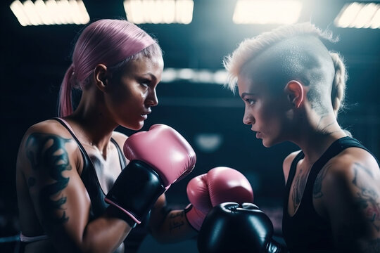 Generative AI illustration side view of strong young women with pink hair in sportswear and boxing gloves looking at each other during fight on ring together
