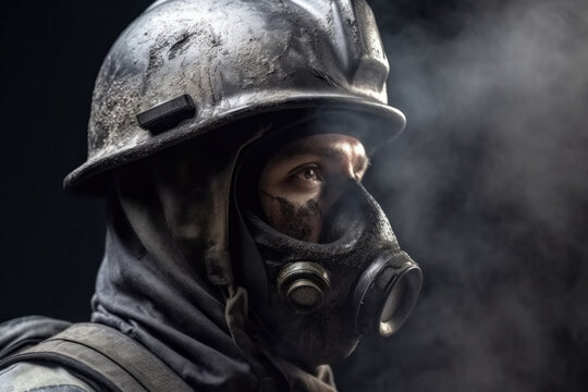 Generative AI side view illustration of unrecognizable fireman putting on gas mask and hard hat and looking away thoughtfully while standing against dark smoky background at work