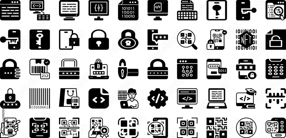 Poster code icon set isolated silhouette solid icons with technology, sign, code, symbol, digital, vector, 