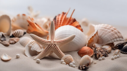 Fototapeta na wymiar A beautiful and colorful collection of shells, beads, and starfish