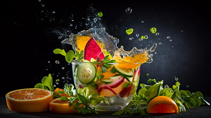 Fototapeta na wymiar 野菜とフルーツと飛び散る水飛沫 - Generative AI