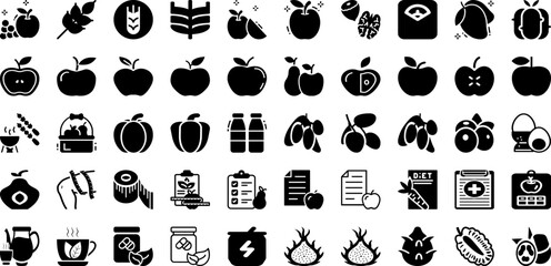 Diet Icon Set Isolated Silhouette Solid Icons With Healthy, Diet, Icon, Nutrition, Line, Health, Food Infographic Simple Vector Illustration