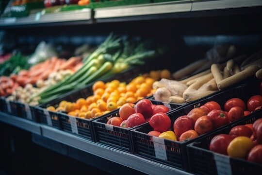Fresh organic vegetables on sheld in fresh market. Generative ai