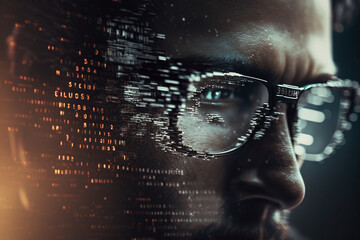 Software engineer concept with closeup of code and programmer wearing glasses. Generative AI illustration