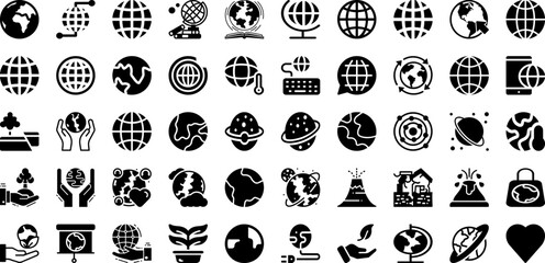 Earth Icon Set Isolated Silhouette Solid Icons With Globe, Map, Earth, Vector, Icon, World, Global Infographic Simple Vector Illustration