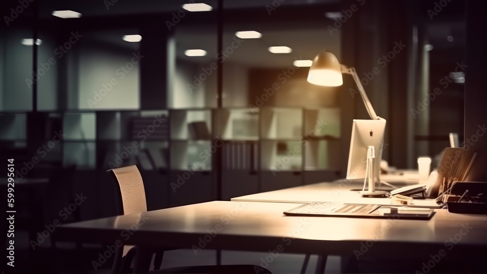 Poster modern coworking office interior with furniture and computer. 3d rendering generative ai
