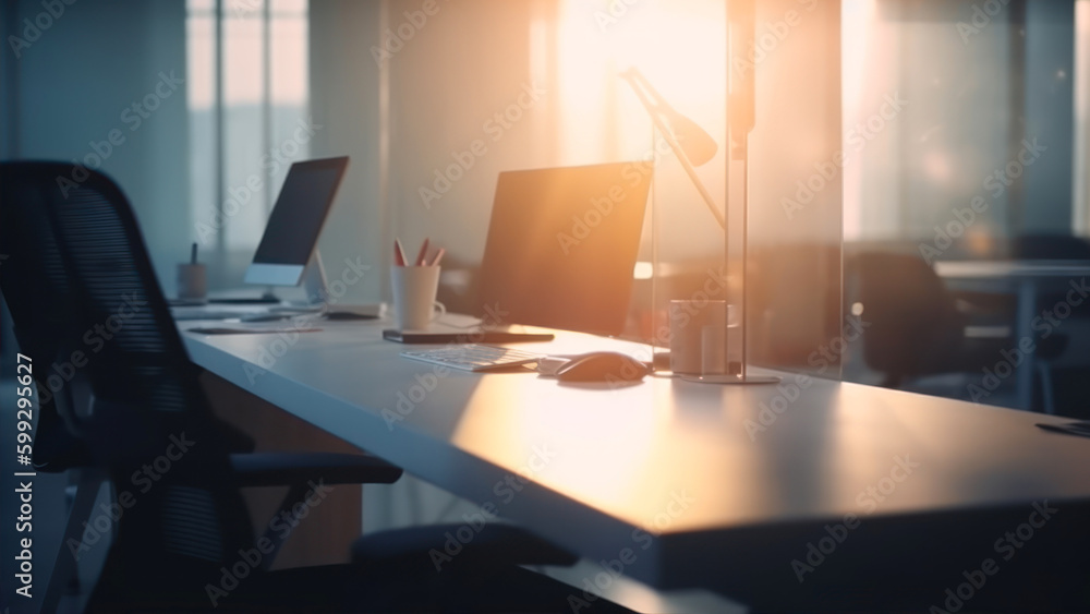 Poster close up of modern office interior with empty computer tables and chairs. blurred background generat