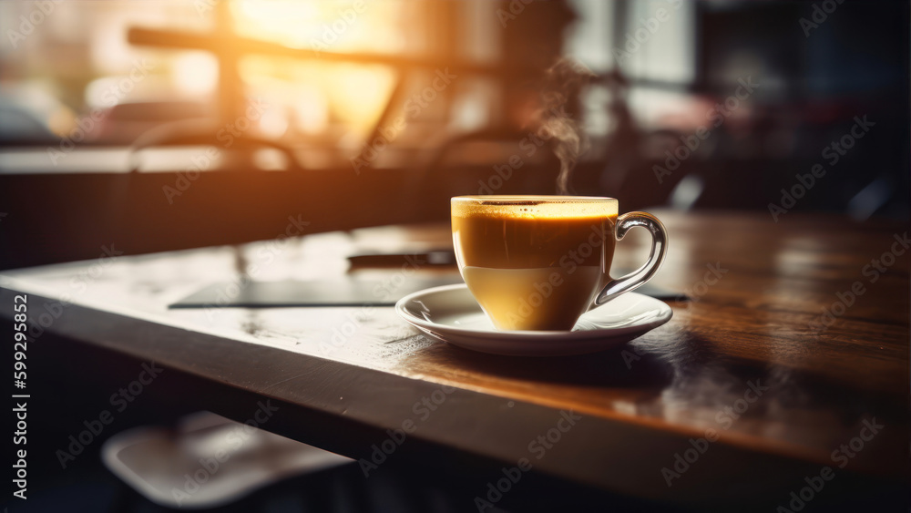 Poster capture the essence of a café scene with this image of a laptop resting on a table alongside a cup o