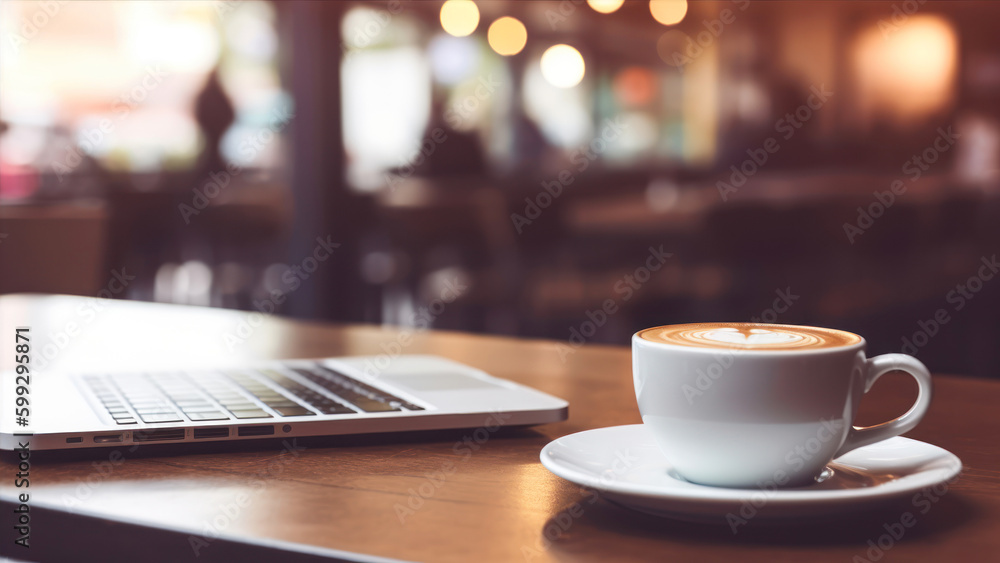 Poster capture the essence of a café scene with this image of a laptop resting on a table alongside a cup o