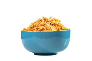 blue bowl with corn flakes against white background