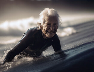 Illustration of an elderly surfer riding a wave on a surfboard created with Generative AI technology