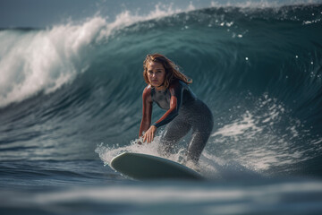 Fototapeta premium Illustration of a woman surfing on a wave created with Generative AI technology
