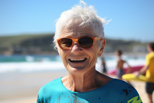 Illustration of an elderly woman enjoying a sunny day at the beach wearing sunglasses created with Generative AI technology