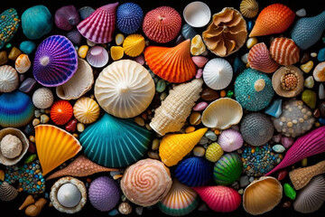 Fototapeta na wymiar Mixed colorful sea shells with generative AI technology