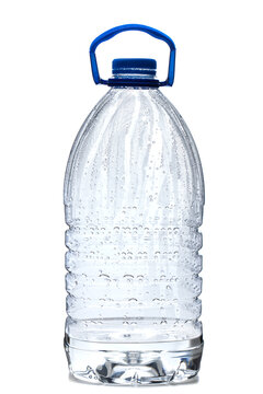 one five liter plastic water bottle with blue cap isolated on white backgroubd