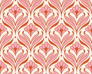 Damask organic leaves seamless pattern. Vector retro style background print. Decorative flower texture. - 599296640