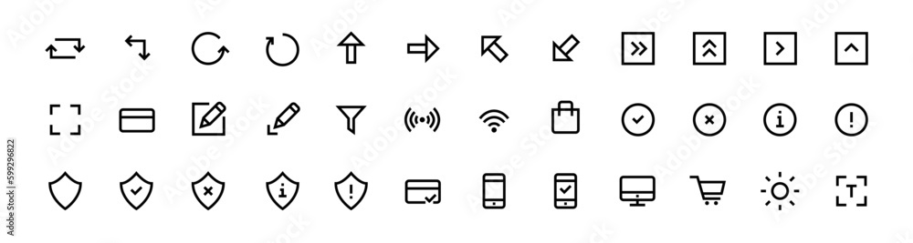 Poster simple minimalistic ui icons. website navigation line symbols. arrow, card, security. pixel perfect,
