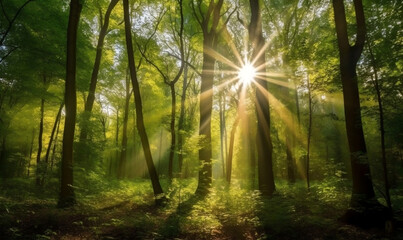 the sun shines through the trees in the forest on a sunny day (generative AI)