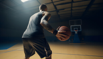 Fototapeta premium Back view of a man playing basketball in a dark room, AI generated