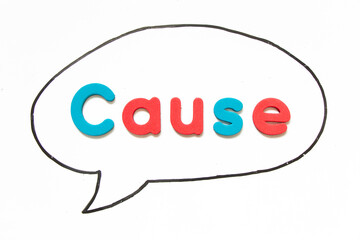 Alphabet letter with word cause in black line hand drawing as bubble speech on white board background
