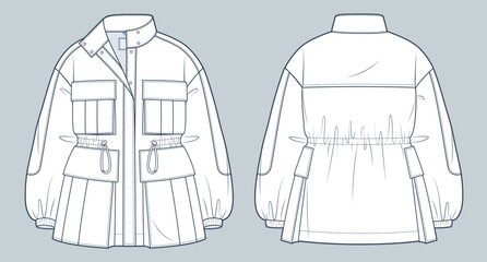 Parka Jacket technical fashion Illustration. Drawstring Jacket fashion flat technical drawing template, button closure, gusset pocket, oversize, front, back view, white, women, men, unisex CAD mockup. © Liubov Hladka
