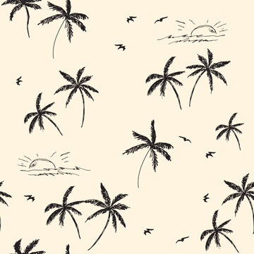 Seaside Palm Trees. Decorative vector seamless pattern. Repeating background. Tileable wallpaper print.
