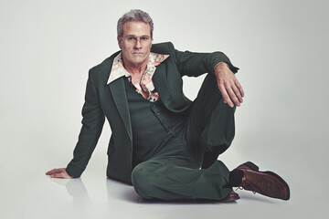 I did not have a sexual relationship with that lady. Studio shot of a mature man in a retro suit...