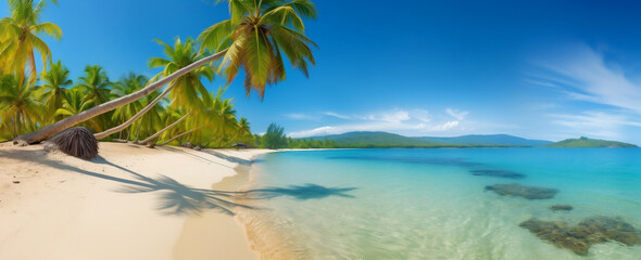 Fototapeta na wymiar panoramic tropical beach with palm trees (generative AI)