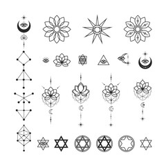 Astrological symbols of the moon sun stars, Esotericism and magic, Tattoo designs, Vector linear illustration. All-seeing eye Pentagram.