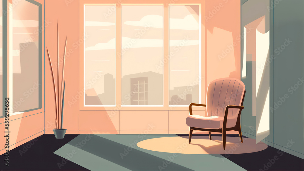 Poster illustration of an empty room with a chair and large windows. generative ai