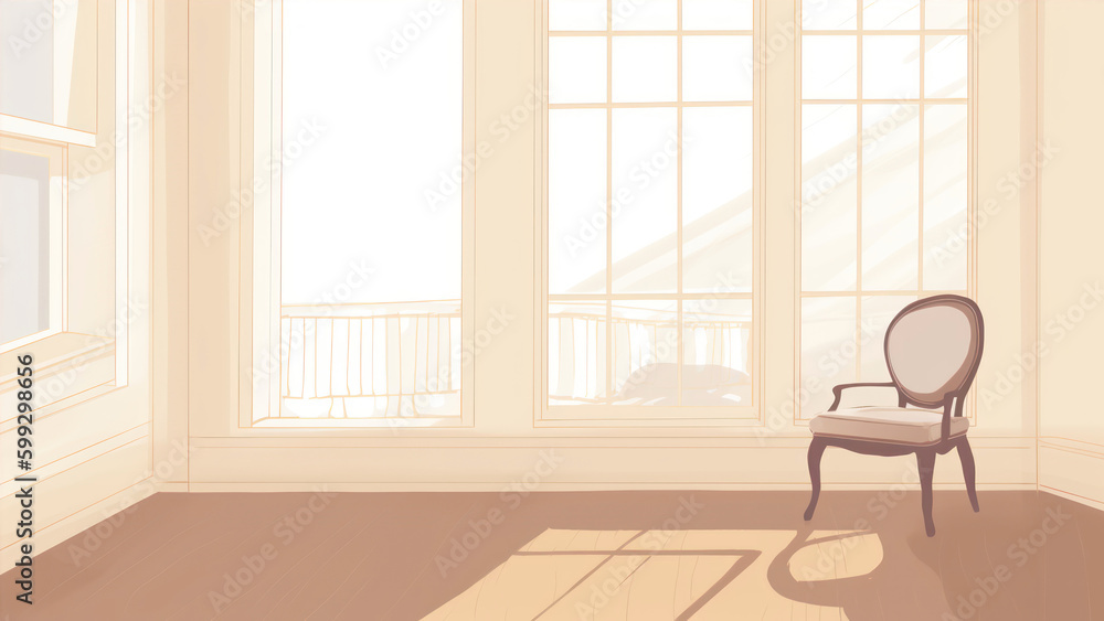 Poster illustration of an empty room with a chair and large windows. generative ai