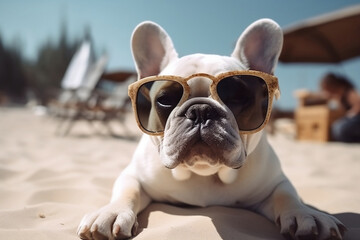 white french bulldog Puppy dog wearing sunglasses on the beach