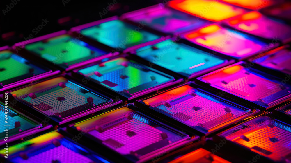Poster macro of neon colored silicon wafer integrated circuits used to create cpu and gpus. generative ai