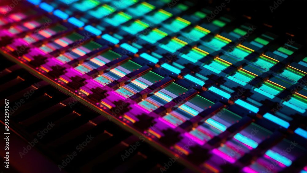 Poster colorful led light on the keyboard of a computer. abstract background generative ai