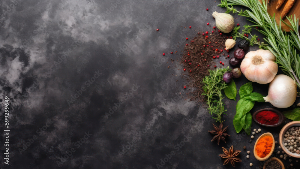 Poster on a background of light stone, herbs and condiments. copy space in the top view generative ai