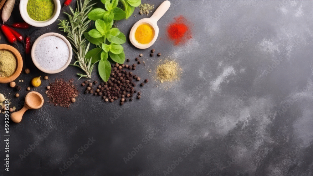 Poster on a background of light stone, herbs and condiments. copy space in the top view generative ai