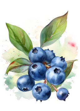 ai generative of Hand drawn watercolor painting blueberry on white. illustration of berries