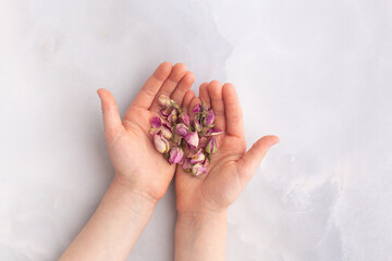 Dry roses in hands for beauty skin