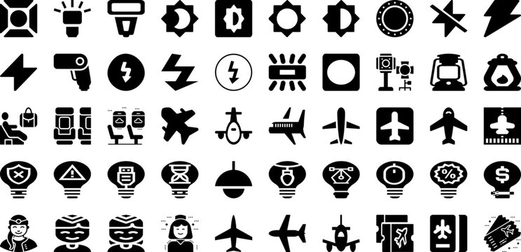 Light Icon Set Isolated Silhouette Solid Icons With Bright, Symbol, Light, Icon, Bulb, Outline, Line Infographic Simple Vector Illustration
