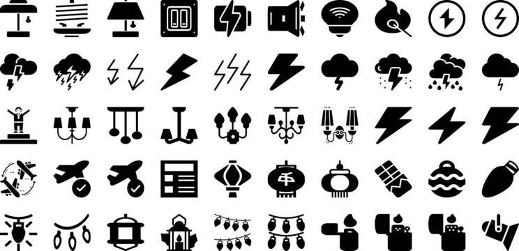 Light Icon Set Isolated Silhouette Solid Icons With Bulb, Symbol, Line, Bright, Icon, Light, Outline Infographic Simple Vector Illustration